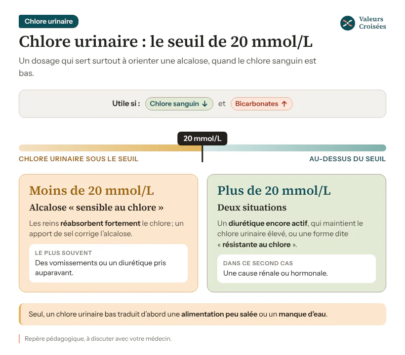 Chlore urinaire, utile si le chlore sanguin est bas et les bicarbonates élevés : sous 20 mmol/L, alcalose sensible au chlore (vomissements ou diurétique pris auparavant) ; au-dessus, diurétique encore actif ou forme dite résistante au chlore, de cause rénale ou hormonale.