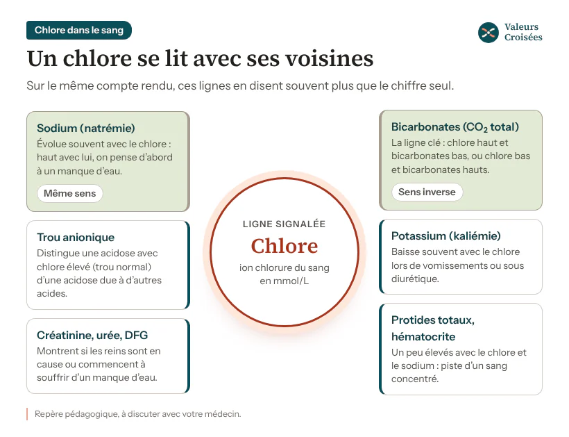 Schéma : le chlore au centre, entouré des lignes du bilan à lire avec lui : sodium (souvent dans le même sens), bicarbonates (souvent en sens inverse, la ligne clé), trou anionique, potassium, créatinine, urée et DFG, protides totaux et hématocrite.