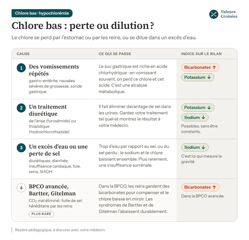 Carte des causes d’un chlore bas : vomissements répétés (bicarbonates hauts, potassium bas), diurétiques comme le furosémide ou l’hydrochlorothiazide (potassium et sodium parfois bas), excès d’eau ou perte de sel (sodium bas), et plus rarement BPCO avancée ou syndromes de Bartter et de Gitelman.