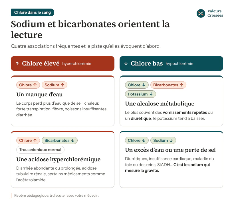 Tableau de lecture en quatre cas : chlore et sodium élevés évoquent un manque d’eau ; chlore élevé avec bicarbonates bas, une acidose métabolique hyperchlorémique ; chlore bas avec bicarbonates élevés, une alcalose métabolique ; chlore et sodium bas, un excès d’eau ou une perte de sel.