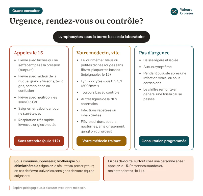 Arbre de décision : le 15 si fièvre avec purpura, infection grave, fièvre et neutrophiles sous 0,5 G/L, saignement abondant ou détresse respiratoire ; le médecin le jour même pour des bleus sans fièvre, vite sous 0,5 G/L ou si la baisse persiste ; sinon, consultation programmée.