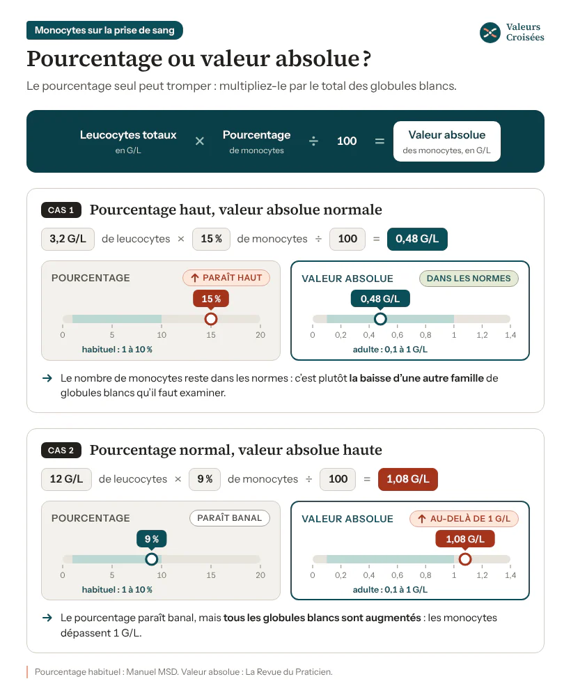 Calcul de la valeur absolue des monocytes (leucocytes × pourcentage ÷ 100) sur deux exemples : 3,2 G/L × 15 % = 0,48 G/L, pourcentage haut mais nombre normal ; 12 G/L × 9 % = 1,08 G/L, pourcentage banal mais nombre au-delà de 1 G/L.
