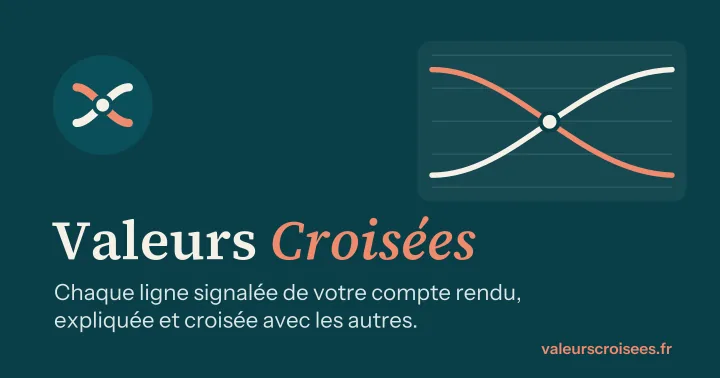 Deux courbes de résultats qui se croisent, à côté du nom Valeurs Croisées et de sa devise